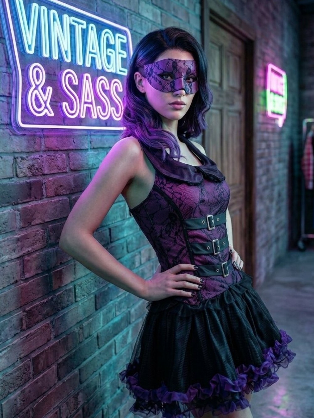 Vintage Goth 3-Piece Set Halter Corset Top Tutu Skirt Purple Black Lace Mask SM